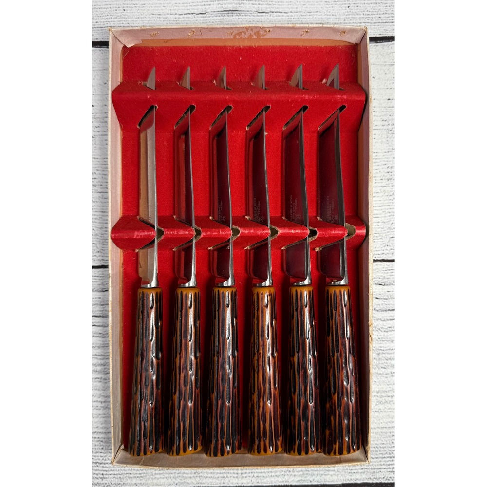 Westall Richardson Set 6 Steak Knives Stainless England Bakelite Rustic Handles